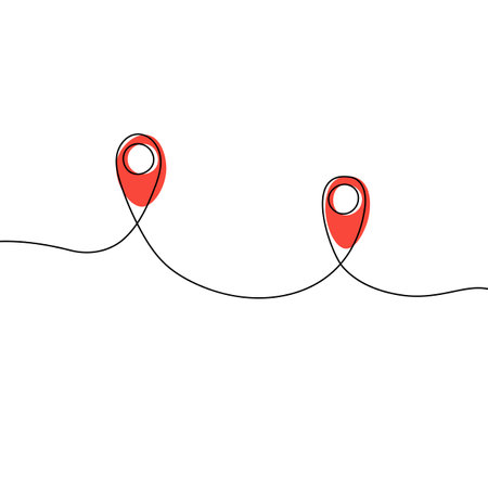 Continuous one line drawing of road map markers. Red pin icon. Vector illustration isolated on white background.のイラスト素材