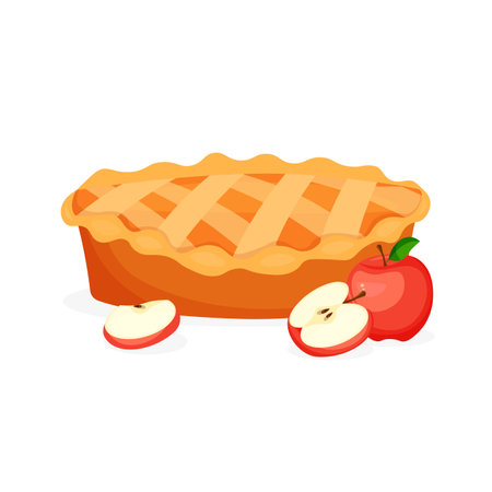 Illustration pour Traditional American apple pie. Sweet cake with apples. Ð¡harlotte vector illustration in trendy flat style isolated on white background. - image libre de droit