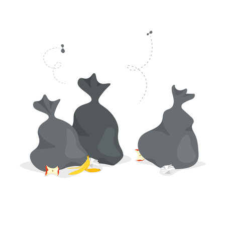 Vector bags full of rubbish. Bio waste. Garbage is smelling ugly and started to decompose. Black bag for trash in trendy flat style isolated on white background.のイラスト素材