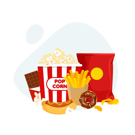 enjoy fast food. unhealthy nutrition. French fries, popcorn, hot dog, chocolate etc. Vector illustration in trendy flat style isolated.のイラスト素材