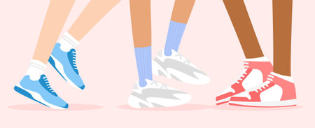 Different skin color legs in fashion sneakers. Cool bright sports shoes with socks for man and woman. Footwear concept. Vector illustration in trendy flat style isolated.のイラスト素材