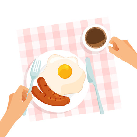 Delicious breakfast on a plate top view. Omelette and grilled sausages. Table with tablecloth. Hands is holding fork and knife. Vector illustration.のイラスト素材