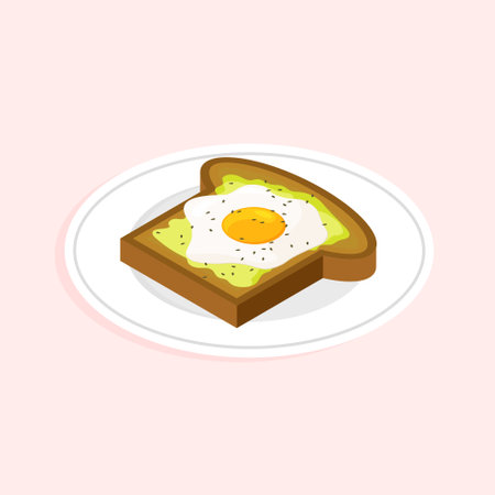 Avocado toast with fried egg on a plate. Tasty healthy breakfast. Roasted sandwich isometric. Vector illustration isolated.のイラスト素材