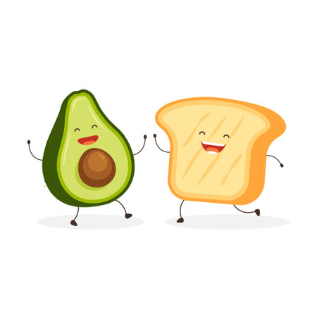 Cute happy toast bread and avocado. Happy cartoon characters. Vector illustration in trendy flat style isolated on white background.のイラスト素材