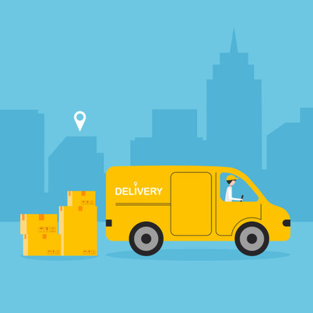 Express delivery by van. Truck with heap of boxes on a street background. Fast shipping service icon. Online order tracking. vector illustration.のイラスト素材