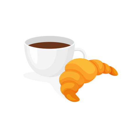 Coffee and croissants. Cup with hot bakery. Vector illustration in trendy flat style isolated on white background.のイラスト素材
