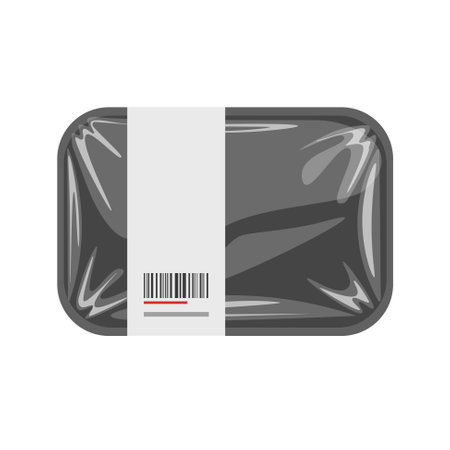 Transparent black plastic food container. Empty product tray box pack. Vector tray with cellophane cover. Template or mockup. Packaging design.のイラスト素材