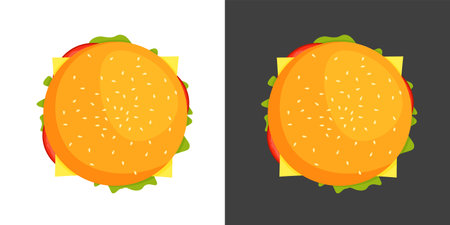 Vector hamburger top view. Burger with cheese, tomatoes, chop, lettuce. Fast food or junkfood meal. Illustration for menu isolated on white and black.のイラスト素材