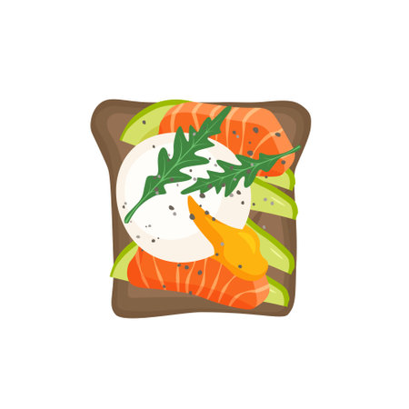 Avocado toast with poached egg and salmon. Tasty healthy breakfast. Roasted sandwich. Vector illustration isolated in a trendy flat style.のイラスト素材