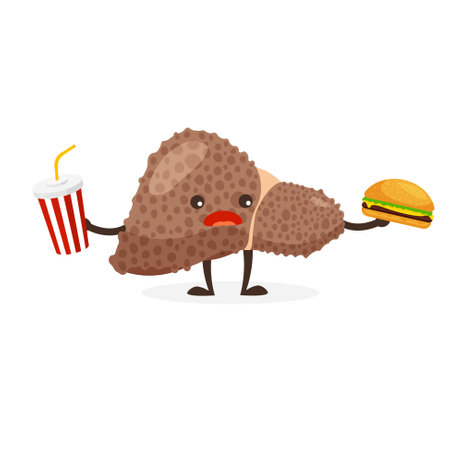Cartoon sad sick liver with hamburger and soda. Unhealthy internal organ requires care or medical treatment. Pain, disease. Vector illustration.のイラスト素材