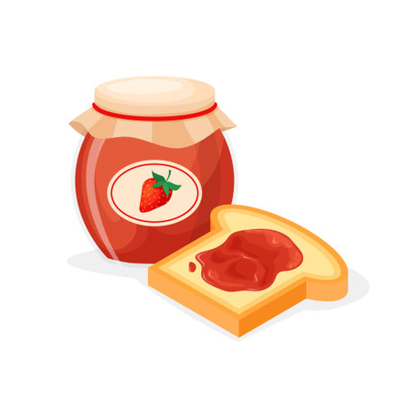 Toast bread and jar of strawberry or raspberries jam. Sweet sandwich. Vector illustration in isometric style isolated on white background.のイラスト素材