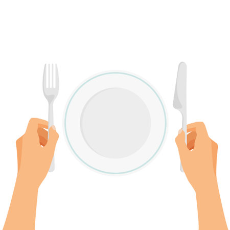 Empty white plate. Hands is holding fork and knife. Vector cutlery in trendy flat style isolated on white background.のイラスト素材