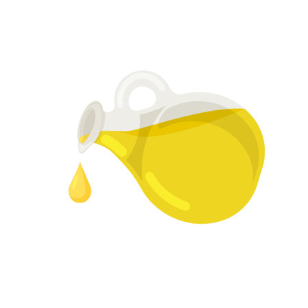 Olive oil is dropping from the glass bottle. Design element for menu, label, packaging isolated on white backgound. Vector illustration.のイラスト素材