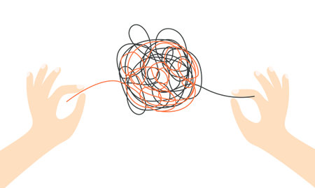 Abstract metaphor of psychotherapy. Psychologist hands untangling tangled thoughts. Chaos in the mind. Vector concept of solving difficult situation.のイラスト素材