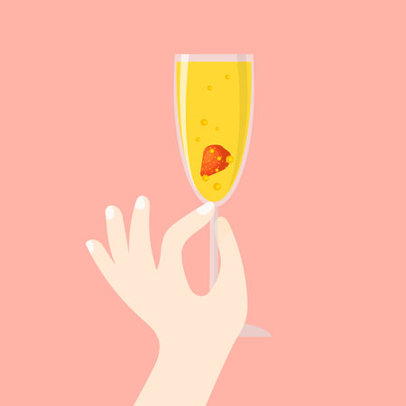 Hand holds glass of sparkling wine in an elegant way. Champagne or prosecco with strawberry. Vector illustration in trendy flat style isolated.のイラスト素材