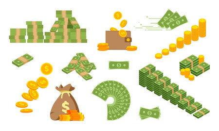 Big set of green banknotes and gold coins. Dollar bill piles, bundles, stacks and heaps. Banknote fan. Vector illustration in trendy flat style.のイラスト素材