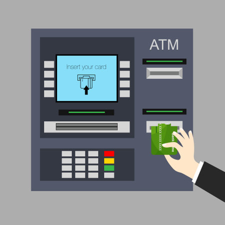 Hand pushing credit card into ATM machine slot. Withdrawing dollar banknote. Getting money. Vector illustration in trendy flat style.のイラスト素材