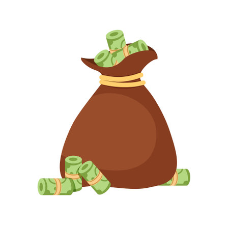 Money bag with dollar bills or banknotes. Money savings. Success concept. Vector illustration in trendy flat style isolated on white background.のイラスト素材