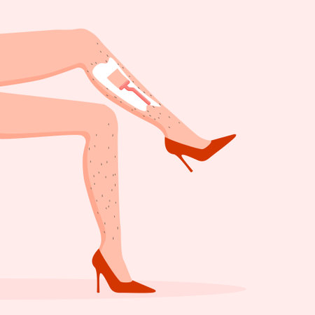 Woman removing hair from legs. Shaving with razor. Epilation advertisement poster. Female hairy legs in a high red heels. Vector illustration.のイラスト素材