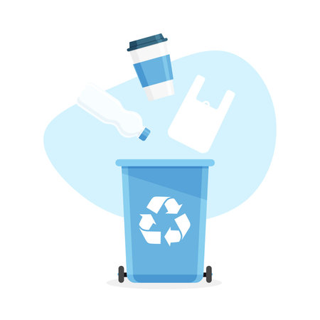 Collecting plastic garbage into recycling bin. Sorting the trash. Concept of environmental protection. Stop pollution. Vector illustration.のイラスト素材