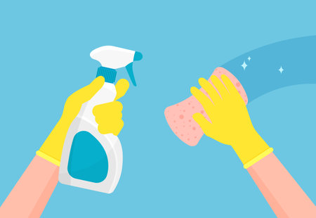 Houseworker wipes the surface. Hands in yellow gloves clean with spray and wipe. Cleaning and disinfection. Sanitizing home. Vector illustration in a flat style.のイラスト素材
