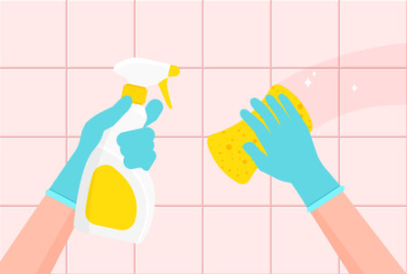 Houseworker wipes the surface. Hands in blue gloves clean tiles with spray and wipe. Cleaning and disinfection. Sanitizing home. Vector illustration in a flat style.のイラスト素材