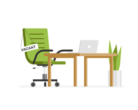Job offer banner. Place of work with office table and an empty chair. Recruiting and hiring. Open vacancy concept. We are hiring poster.のイラスト素材