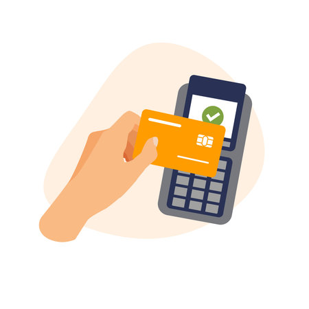 Hand holds credit card near the pos terminal to pay. Buying process. Contactless payment. Financial vector illustration in a trendy flat style.のイラスト素材