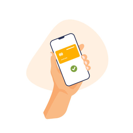 Human hand pay with mobile phone. Contactless payment. Mobile online banking app and electronic wallet. Finance vector illustration in a trendy flat style.のイラスト素材