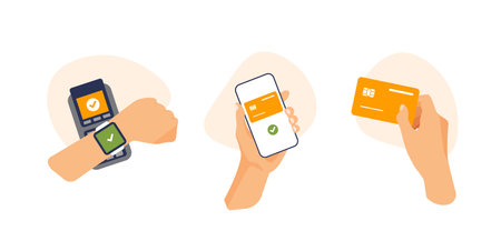 Contactless payment by phone or smart watch. Mobile online banking app and electronic wallet. Hand holds credit card near the pos terminal to pay. Financial vector illustration set in a trendy style.のイラスト素材