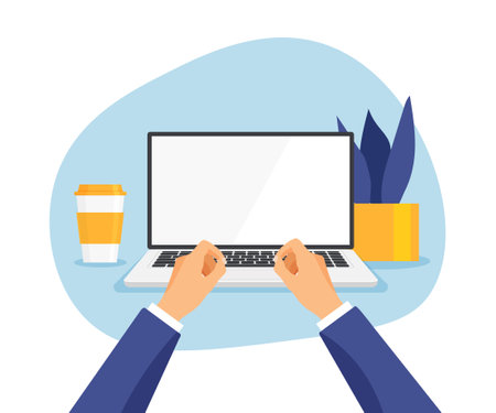 Workplace with human hands front view. Laptop with blank screen. Man work on computer. Flat vector illustration template in a trendy flat style.のイラスト素材
