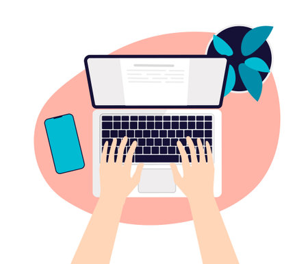 Desktop top view with human hands typing on keyboard. Workplace with laptop, phone, plant on a table. Flat vector illustration template in a trendy flat style.のイラスト素材