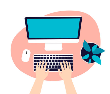 Desktop top view with human hands typing on keyboard. Workplace with computer monitor, phone, plant on a table. Flat vector illustration template in a trendy flat style.のイラスト素材
