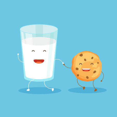 Cute characters of cookie and a glass of milk. Better together concept. Friends forever. Vector illustration in a cartoon style.のイラスト素材