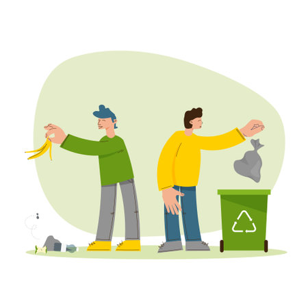 People throw away garbage in the right and wrong ways. Sorting trash. Care for the environment or disregard. Sustainable lifestyle. Save planet. Vector hand drawn illustration in flat style. Not ai.のイラスト素材