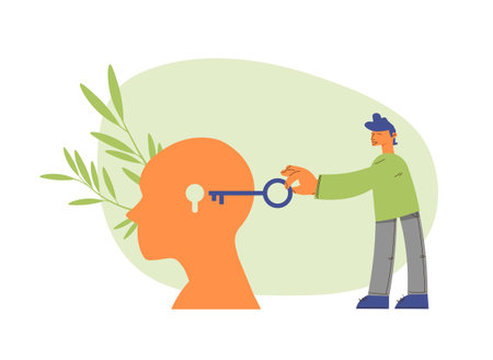 Abstract metaphor of psychotherapy and psychology. Man holds key and human head with a keyhole. Concept of solving difficult situation. Open mind. Health care. Vector hand drawn illustration. Not ai.のイラスト素材