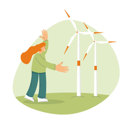 Alternative green clean energy. Eco friendly and sustainable industrial factory. Girl near the wind power station. Save the planet. Vector hand drawn illustration in a trendy flat style. Not ai.のイラスト素材