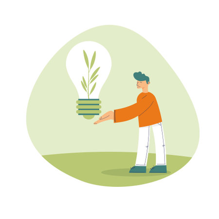 Alternative green clean energy. Eco friendly and sustainable industrial factory. Renewable energy. Healthy lifestyle. Save the planet. Vector hand drawn illustration in a trendy flat style. Not ai.のイラスト素材