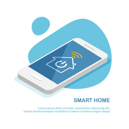 Smart home control by smartphone. Wireless wi-fi connection and house technology. Electronics device. Vector isometric illustration in a trendy flat style. Mock up poster.のイラスト素材