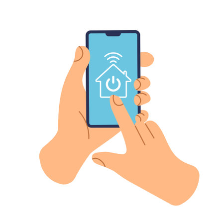 Smart home control by smartphone. Wireless wi fi connection and house technology. Mobile phone connections with home electronics devices. User is holding phone and touching a button. Vector.のイラスト素材