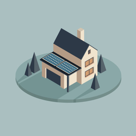 Isometric private house with solar panel. Eco friendly modern building in 3d view. Search for real estate, property for sale. Residential home property. Vector Illustration.のイラスト素材