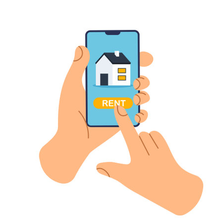 House for rent. Buying mortgage house. Hand holds phone with housing search site on screen. Real estate property. Booking. Vector illustration in a trendy flat style.のイラスト素材