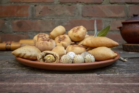 delicious homemade quail stuffed piesの写真素材