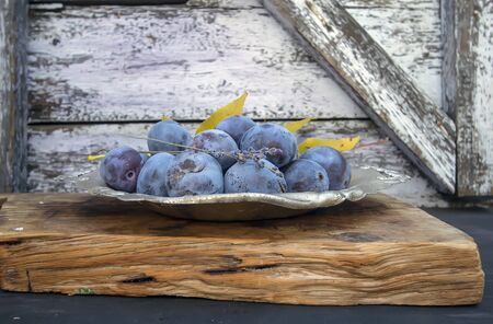 autumn still life of lavender and rural plumsの写真素材