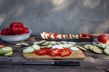 ratatouille in a transparent baking dish. Cooking process