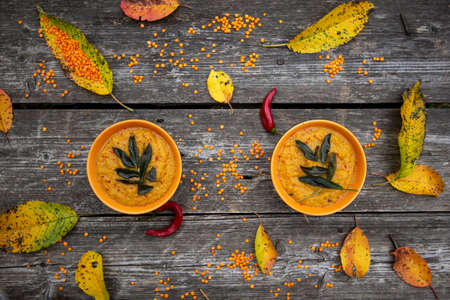 pumpkin soup with fried sage and paprikaの写真素材