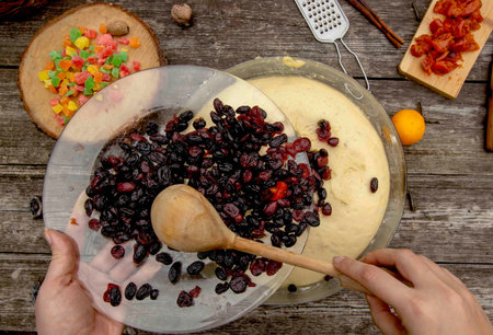 butter yeast dough for stollen with dried fruits and candied fruits
