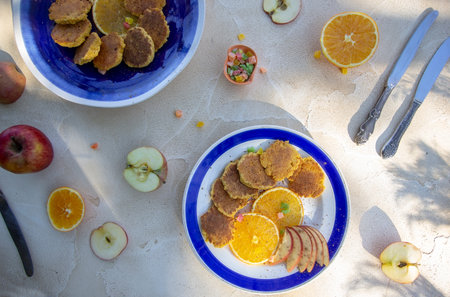 homemade corn pancakes with fresh fruit. gluten free.