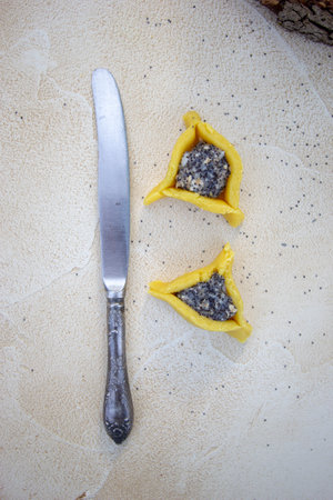 hamantaschen cookies. Jewish traditional baked goods for Purim (Jewish carnival holiday with celebration concept). Homemade cookies with poppy seeds fillingの写真素材