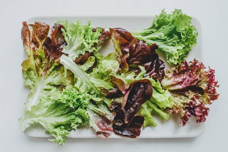 a juicy plate with fresh mixed salads stands on a white background. dietary healthy foodの写真素材